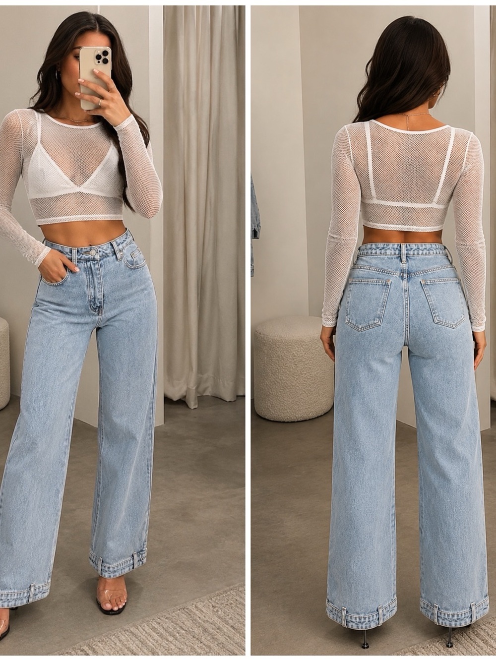 PrettyLittleThing Light Wash Straight Leg Jeans Waistband Ankle Strap Detail